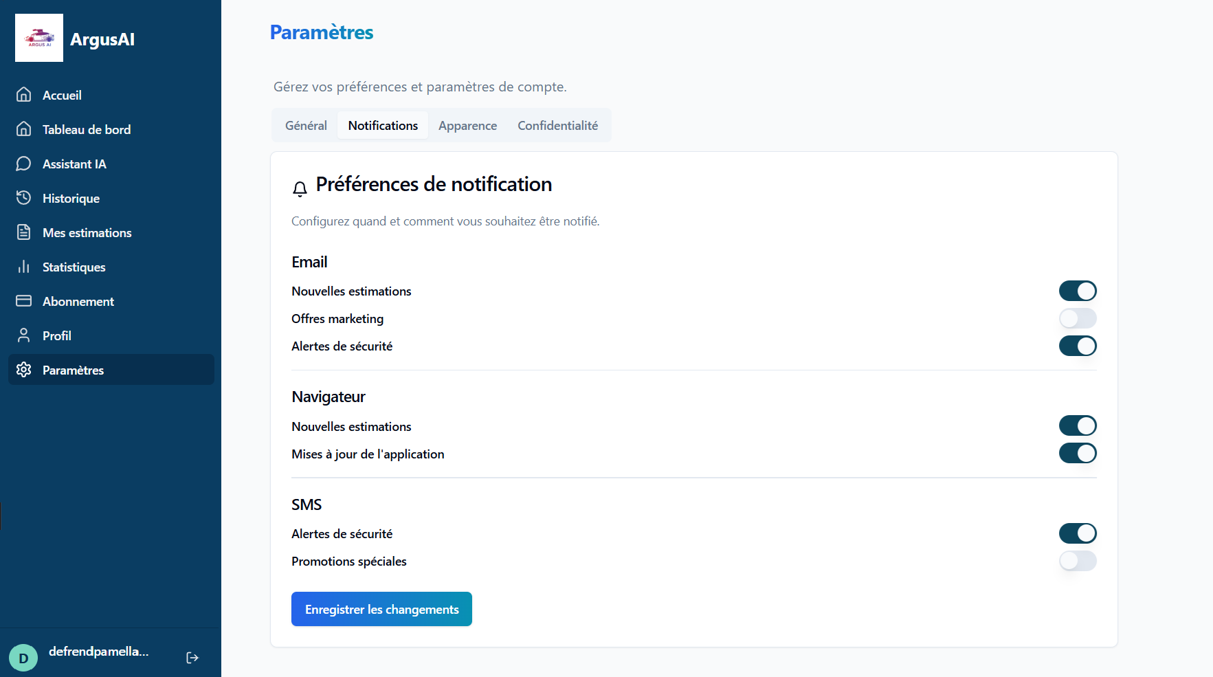 Capture d'écran Paramètres - Notifications